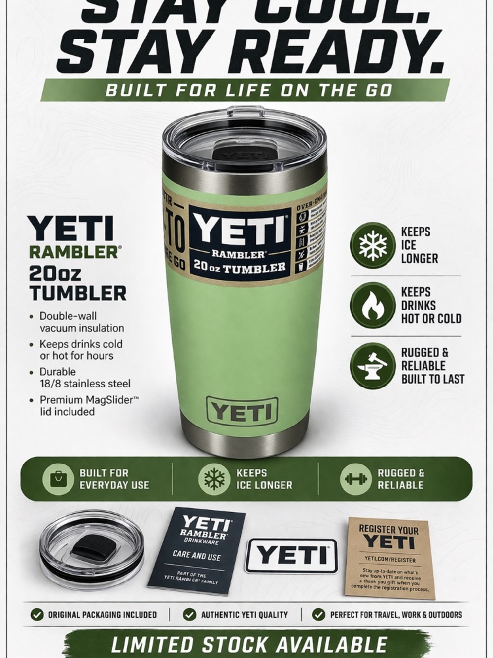 Yeti Rambler 20oz Tumbler in Light Green with Clear Lid